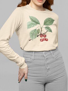 Wild Cherry Vintage Botanical Print Long Sleeve Graphic Tee T-shirt S-XXL